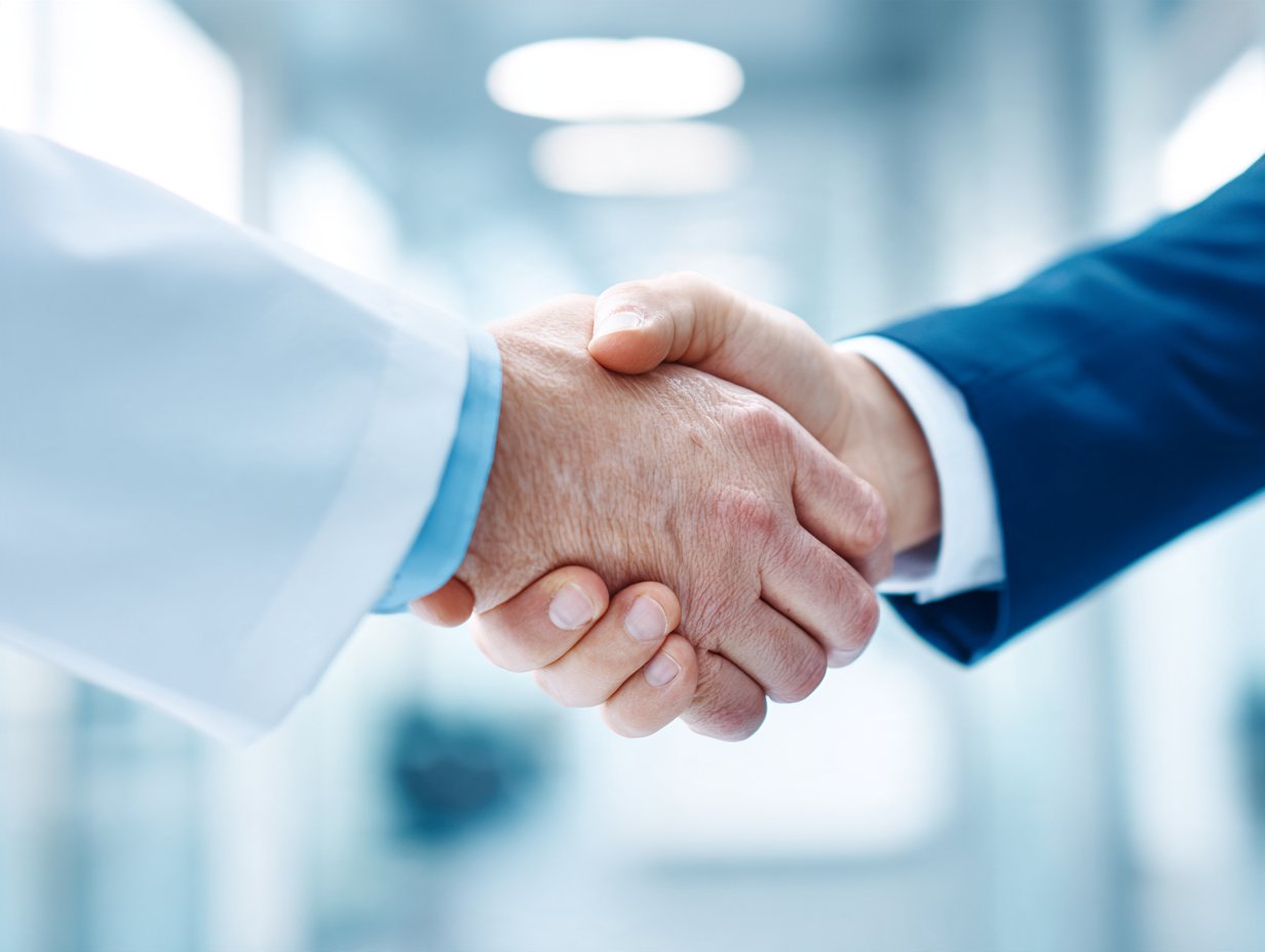 Poignée de main entre un médecin et un partenaire